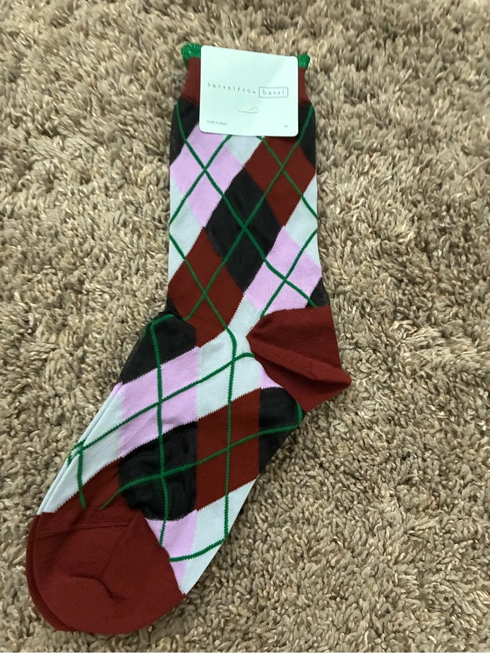 Argyle Crew Socks in Pink, Red & Green